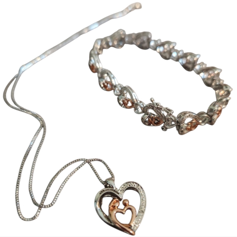 BR Sun Silver and Rose Gold Heart Necklace and Bracelet Set